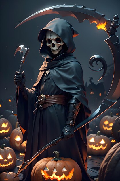 Grimreaper in een zwarte mantel met een scythe in handen staat naast pompoenen