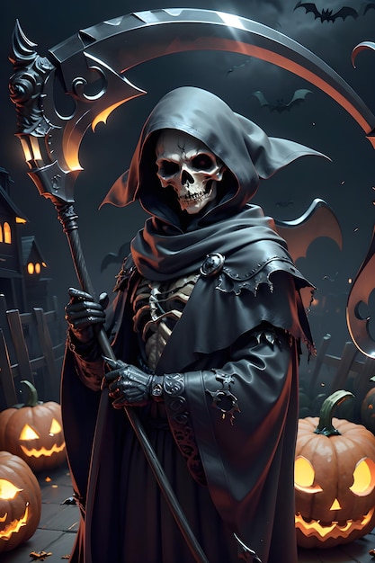 Grimreaper in een zwarte mantel met een scythe in handen staat naast pompoenen