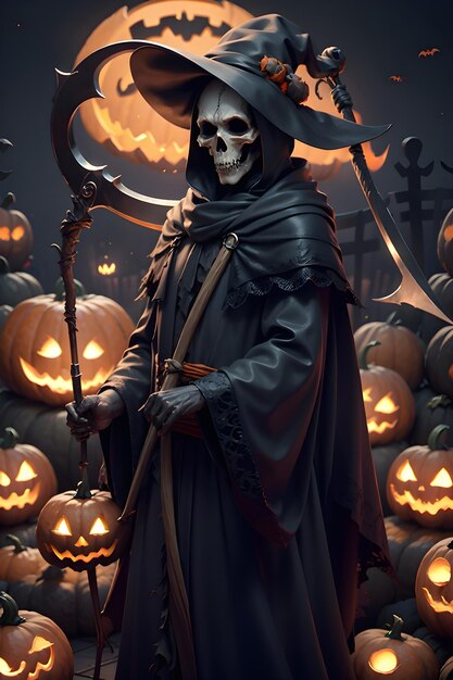 Grimreaper in een zwarte mantel met een scythe in handen staat naast pompoenen