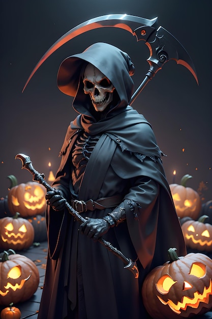 Grimreaper in een zwarte mantel met een scythe in handen staat naast pompoenen