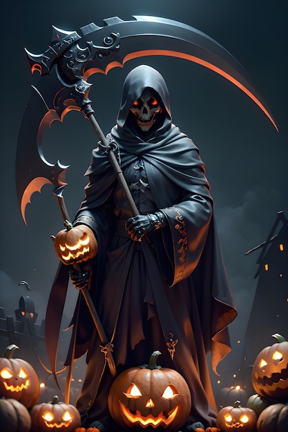 Grimreaper in een zwarte mantel met een scythe in handen staat naast pompoenen