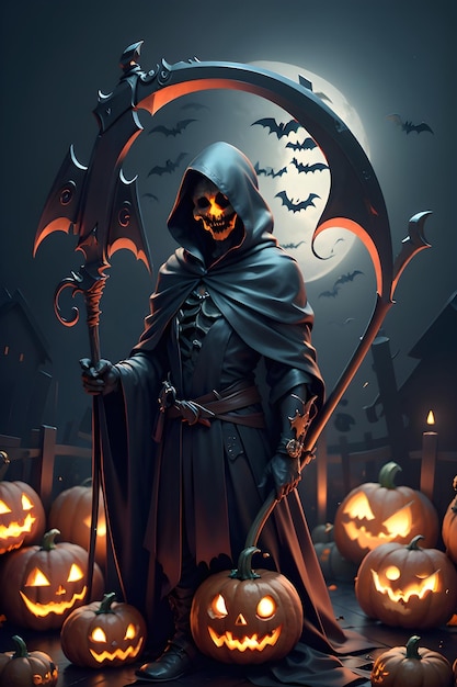 Grimreaper in een zwarte mantel met een scythe in handen staat naast pompoenen