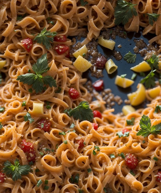 Grimy slimy pasta noodles with glass shards on top vivid color