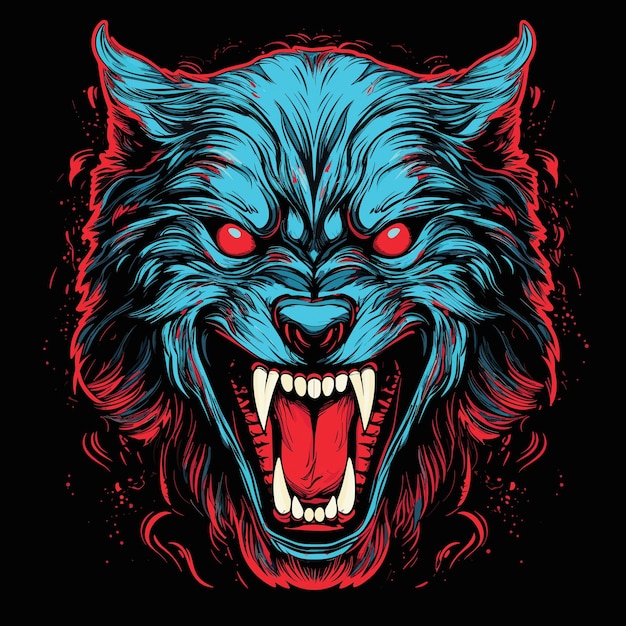 Photo grin of a wild beast closeup portrait of evil and scary wolf with open jaws in vector art style