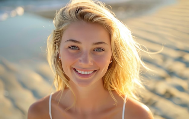 Улыбающаяся блондинка на пляже сияет золотым светом.
