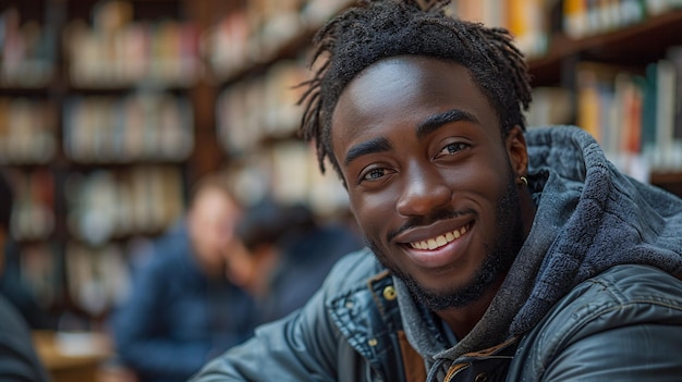 Grinning college student studying in a library