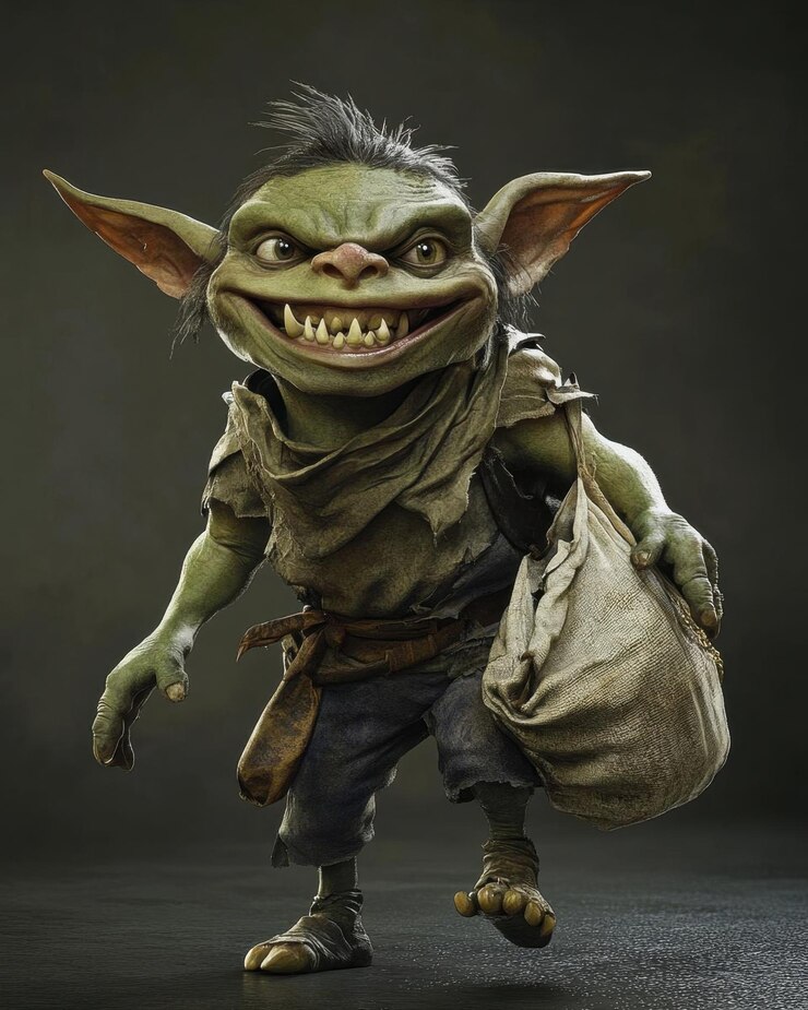 Photo grinning goblin with sack