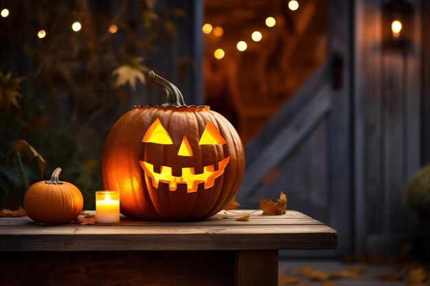 A grinning jacko'lantern on a rustic porch at twilight candlelight flickering within