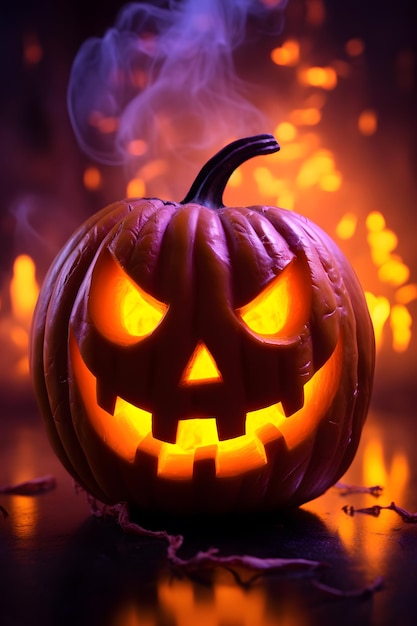 A grinning neon colored Jack o lantern with glowing eyes and a mischievous expression