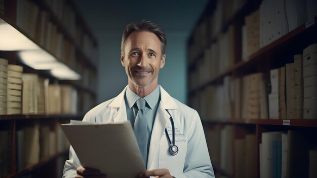 Grinning physician holds detailed medical records