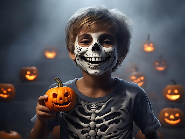 A grinning skeleton boy wearing a tshirt with a jackolantern design