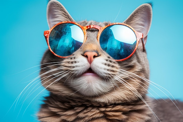 A grinning tabby cat with glasses isolated on a transparent background ai