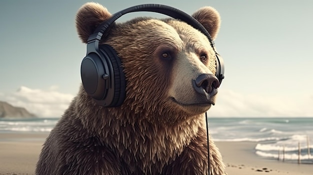 Grisly bear with headphones Cute mammal listen music illustration Animal with soft fur Generative AI