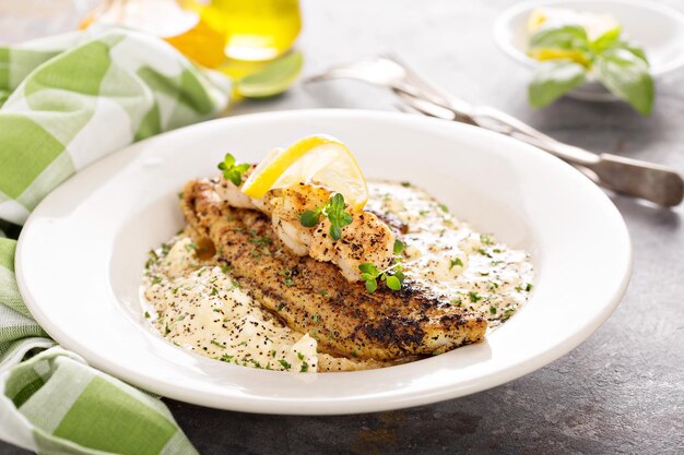 Grits with fried fish and shrimp