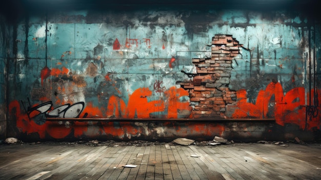 Грязный и резкий городской фон с граффити и кирпичи с красными и черными граффити