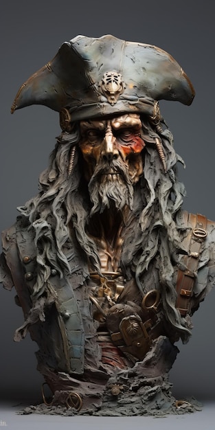 Gritty Elegance 3d Portrait Of An Old Damaged Pirate In Mixedmedia Sculpture