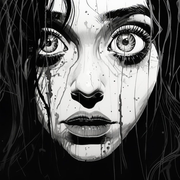 Gritty Horror Comics Hyper gedetailleerde zwart-wit meisje illustratie