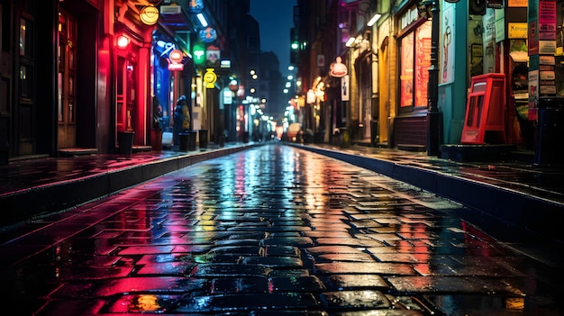 Gritty NightTime Alleyway NeonLit met levendige reflecties op natte geplaveide stenen in een bruisende stad