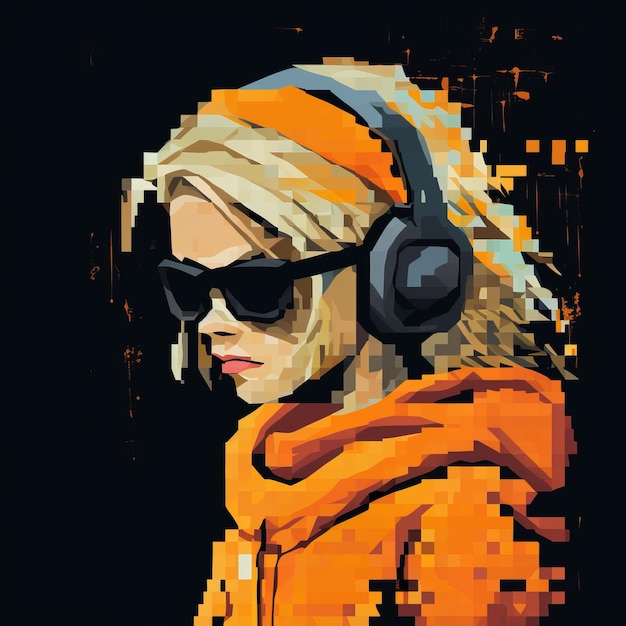 Gritty Reportage Meisje met koptelefoon Pixel Art Illustratie