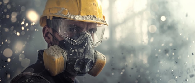 Gritty worker clad in safety gear confronts a maelstrom visor speckled with the elements of his toil