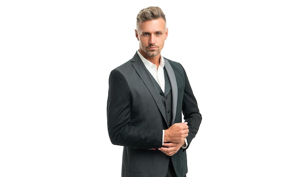 Grizzled man in formal tuxedo isolated on white