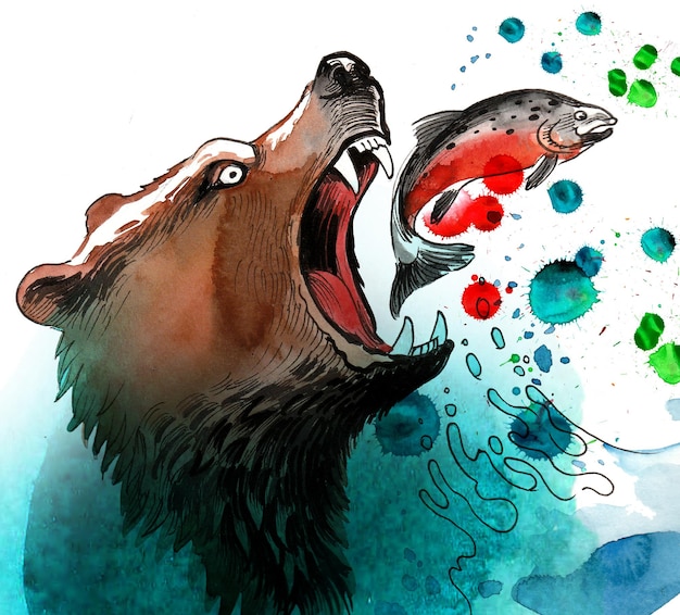 Grizzly bear catching a salmon fish Handdrawn ink and watercolor on paper