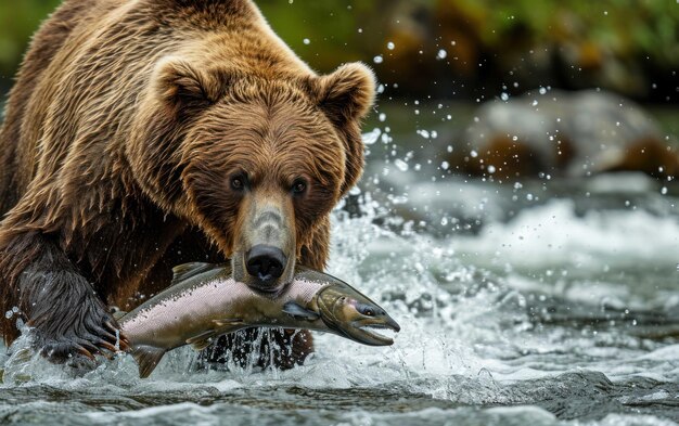 grizzly bear catching a salmon in its powerful jaws