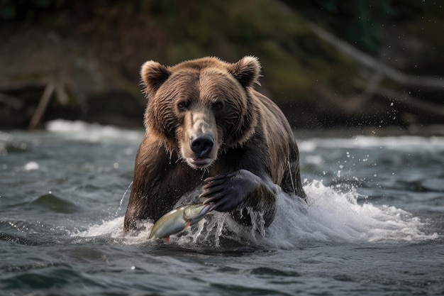 Photo grizzly bear catching salmon in a rushing river generative ai