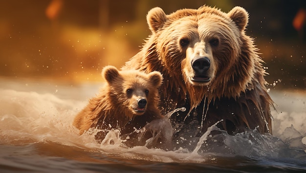 Photo grizzly bear and cub in the water at sunset