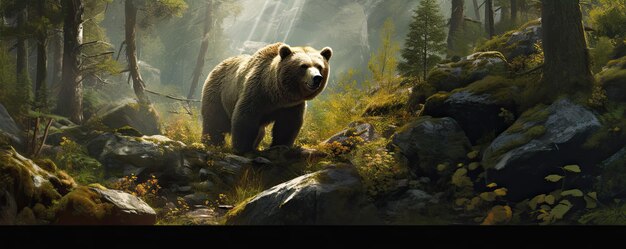 Медведь-гризли в лесу Близкий взгляд на коричневого медведя
