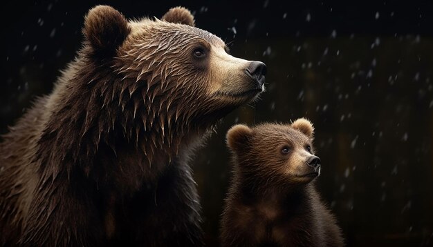 Photo a grizzly bear and her cub are standing in the rain.