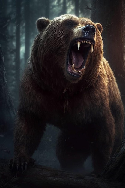 A grizzly bear is roaring in a forest.