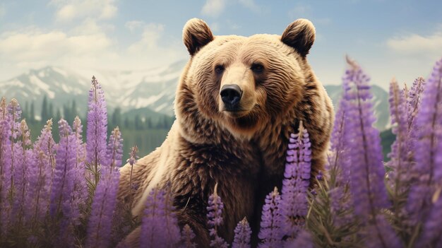 Grizzly bear in a lavender field Wallpaper