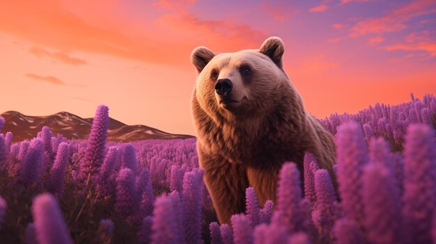 Grizzly bear in a lavender field Wallpaper