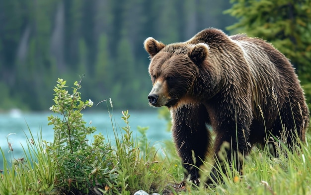 Photo a grizzly bear methodically marking its territory by releasing a distinctive scent