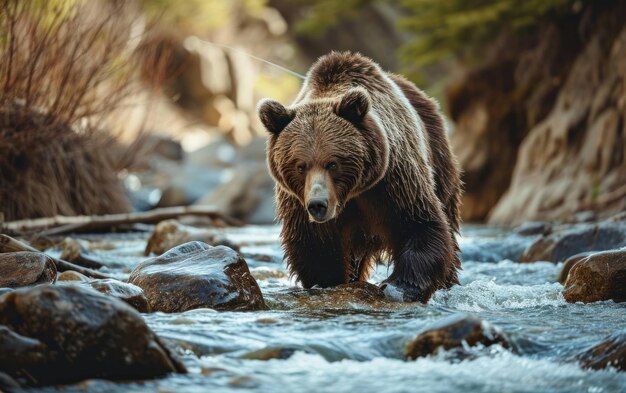 A grizzly bear skillfully catching fish in a clear and untouched mountain stream