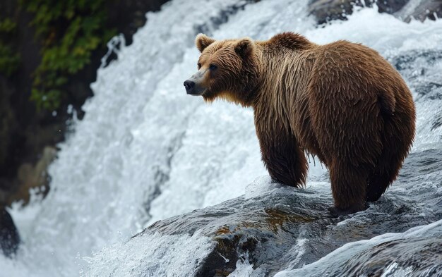 Foto un orso grizzly in piedi sul bordo di una cascata