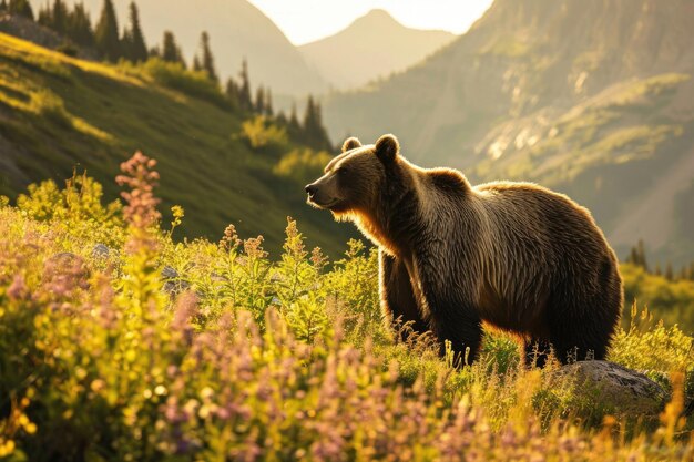 A grizzly bear standing tall in a lush mountain meadow