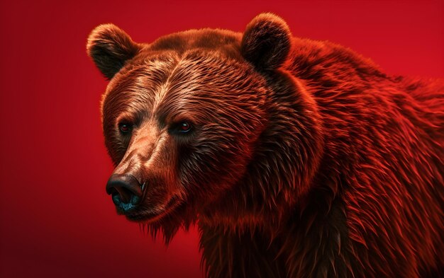 Photo grizzly bear standing on a vibrant red background generative ai