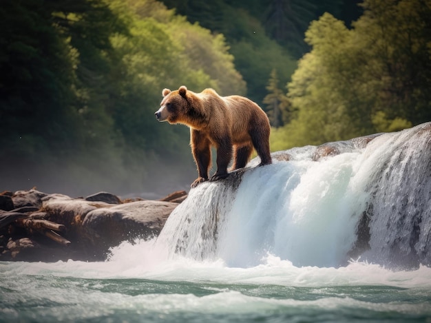 Grizzly bear in the wild hunting salmon