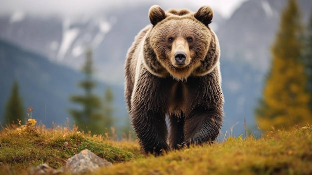 Photo grizzly bear yoga in a natural habitat