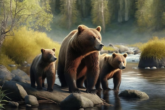 Grizzly bears in the river Wildlife scene from nature Generative AI