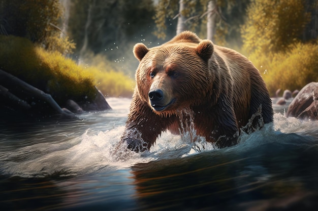 Grizzly beer in de rivier Wild natuurtafereel Generatieve AI