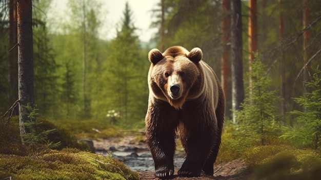 Фото Бурый медведь гризли, идущий по лесу, идеально выглядит ультра генеративный искусственный интеллект