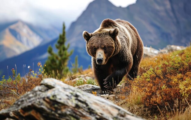 A grizzly confidently striding through a mountainous landscape