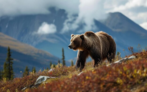 Foto un grizzly che cammina con fiducia attraverso un paesaggio montuoso