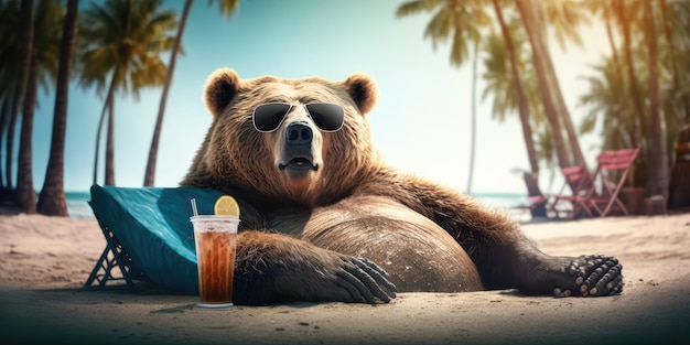 Grizzly는 해변 휴양지에서 여름 휴가를 보내고 여름 해변에서 휴식을 취하고 있습니다.
