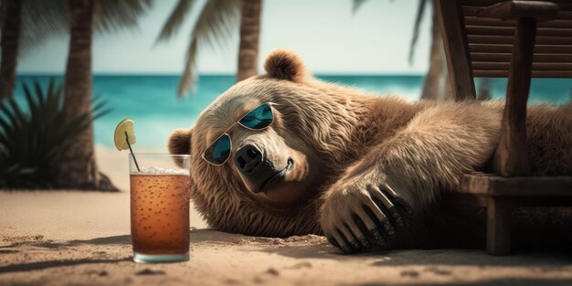 Grizzly is on summer vacation at seaside resort and relaxing on summer beach