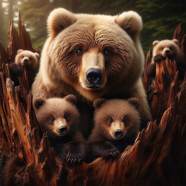 Photo grizzly in the nest with babies