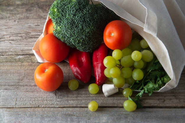 Groceries in eco bag with fruits and vegetables. zero waste food shopping tote.